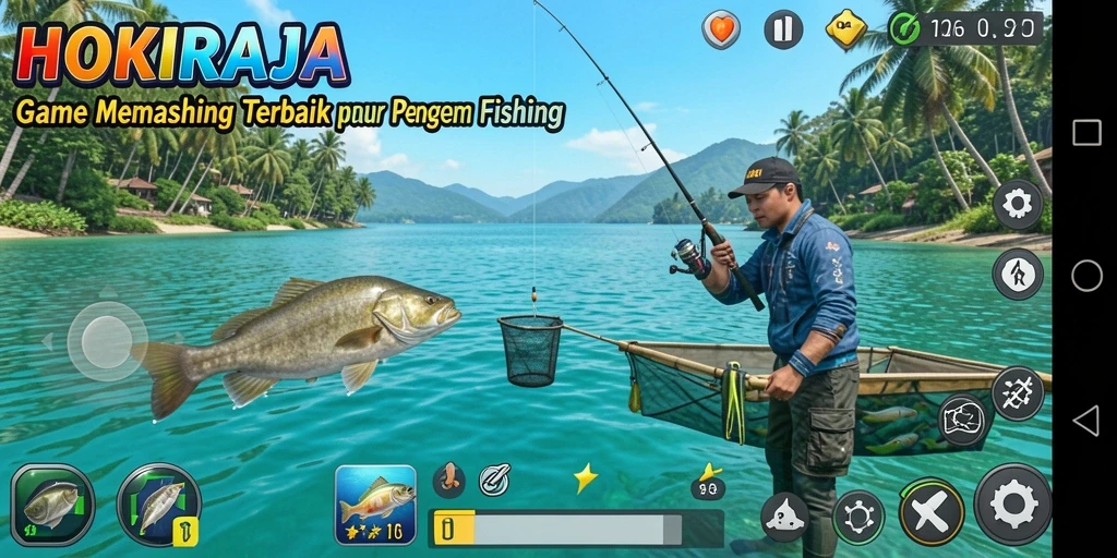 Screenshot gameplay HOKIRAJA menampilkan aksi memancing yang seru.