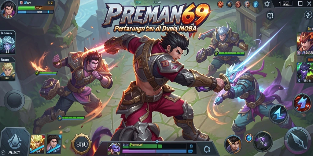 Screenshot utama PREMAN69 menampilkan aksi pertarungan tim di arena MOBA.