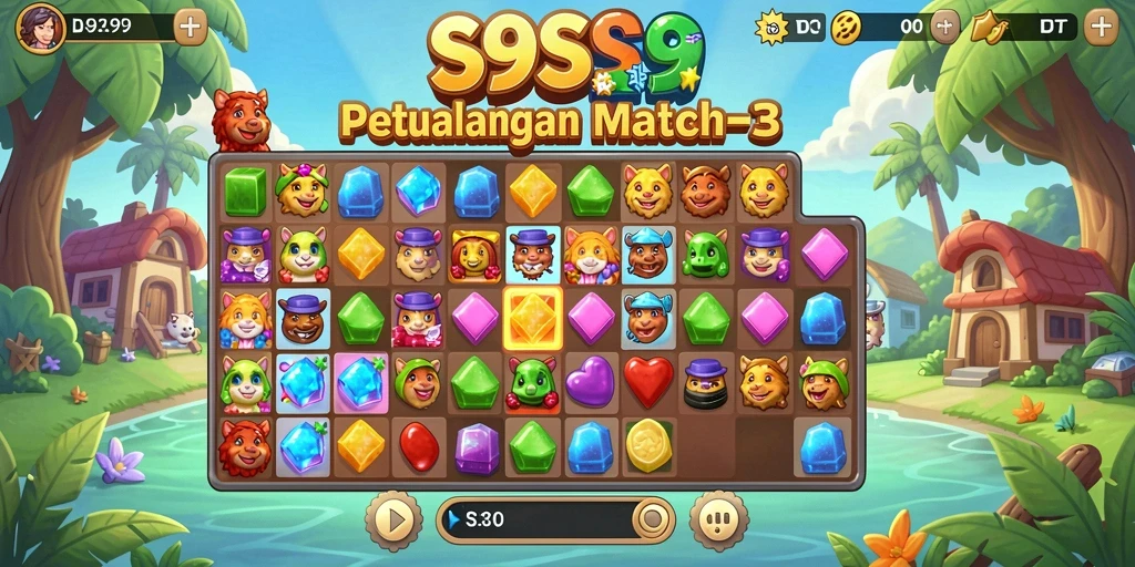 Tampilan gameplay seru dalam S9S9 dengan elemen Match-3.