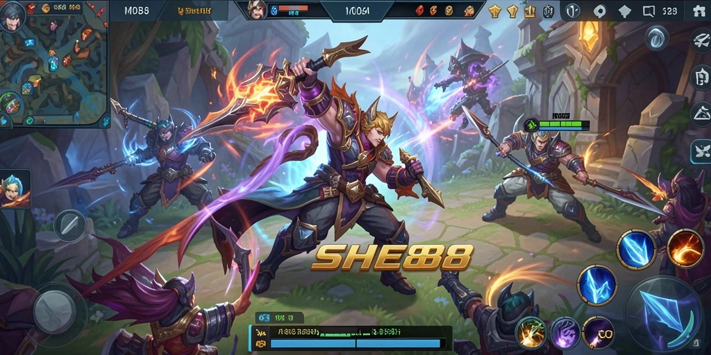 Screenshot gameplay intense dari SHE888 dalam pertandingan MOBA.