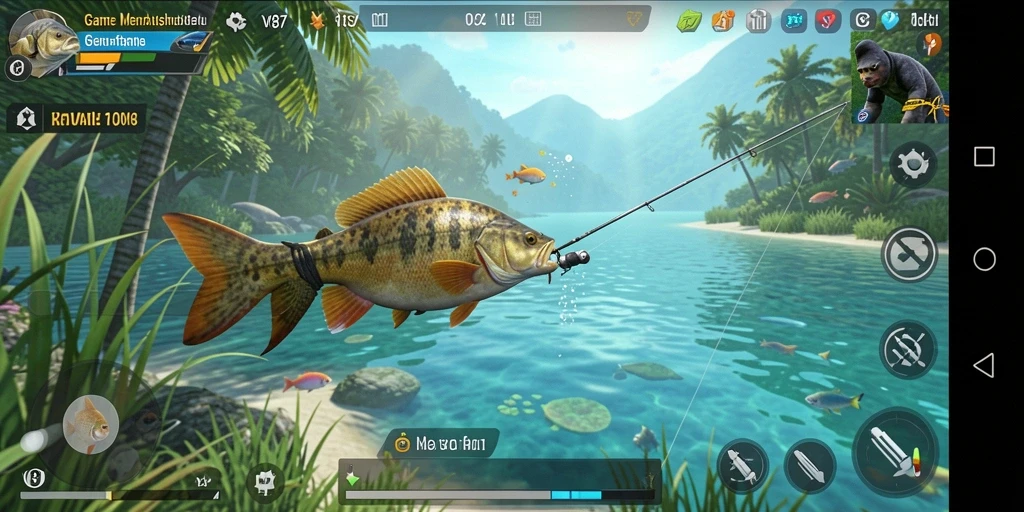 Screenshot gameplay V87 yang menarik saat menangkap ikan.